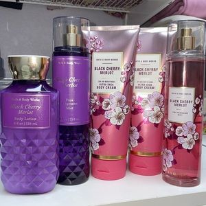 Black cherry Merlot bath and body works creams, lotion and body spray.